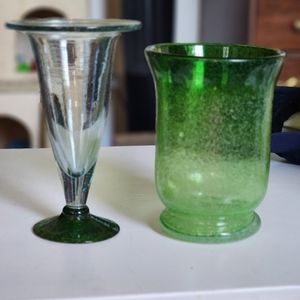 Pair of Green Bubble Glass Vases